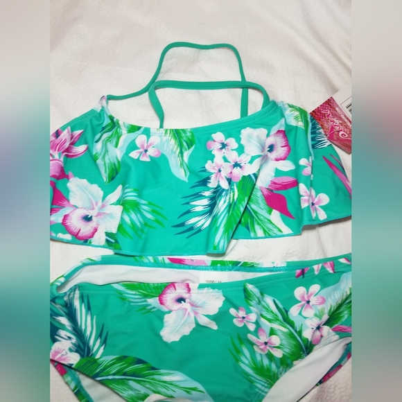NWT GIRLS CROSS BACK RUFFLE  TROPICAL BIKINI SWIM SET - Picture 3 of 7